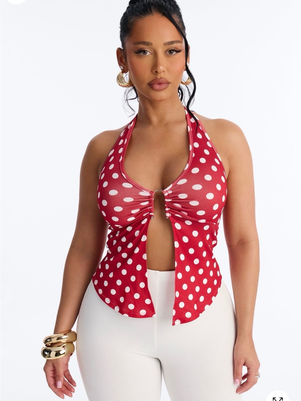 Fashion Nova Red & White Polka Dot Halter Tie-Front Cami